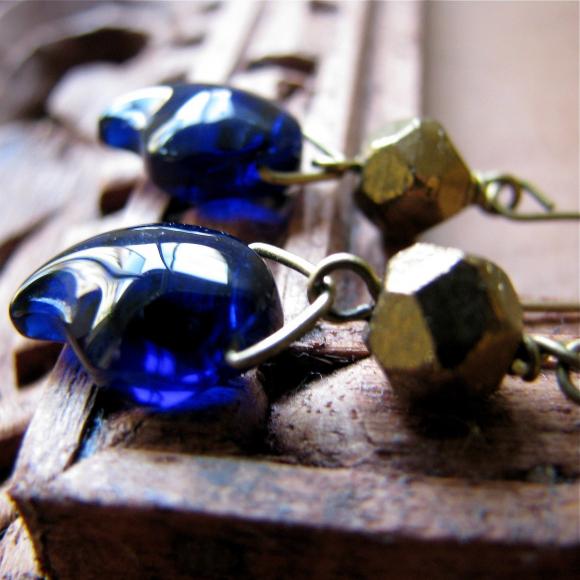 Chloe earrings - sapphire blue glass drops with vintage hand cut bronze glass - Distressed Look