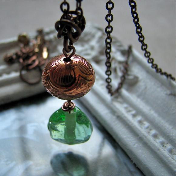 Oasis necklace - peridot sea green lampwork glass / vintage lucite carved bead on antiqued copper chain