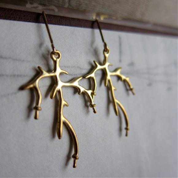 Sculptural Antler Earrings / branch / twig in matte gold finish