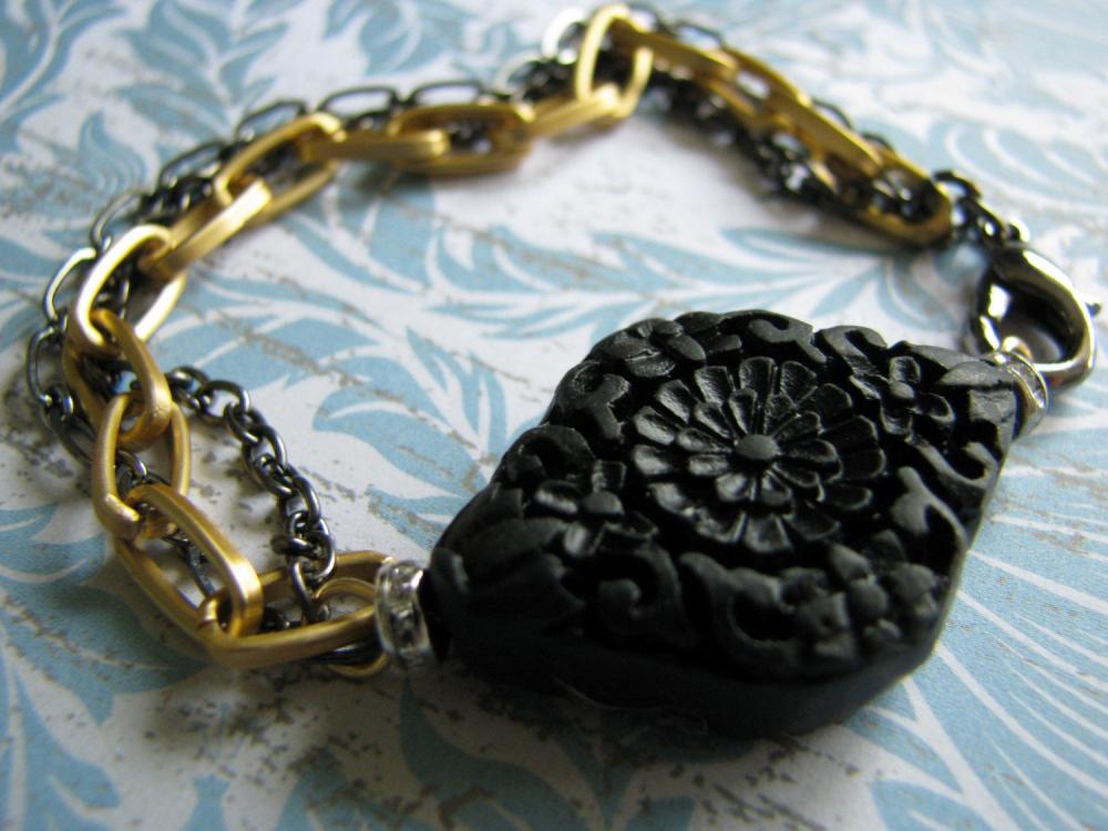 Black carved cinnabar multi chain bracelet