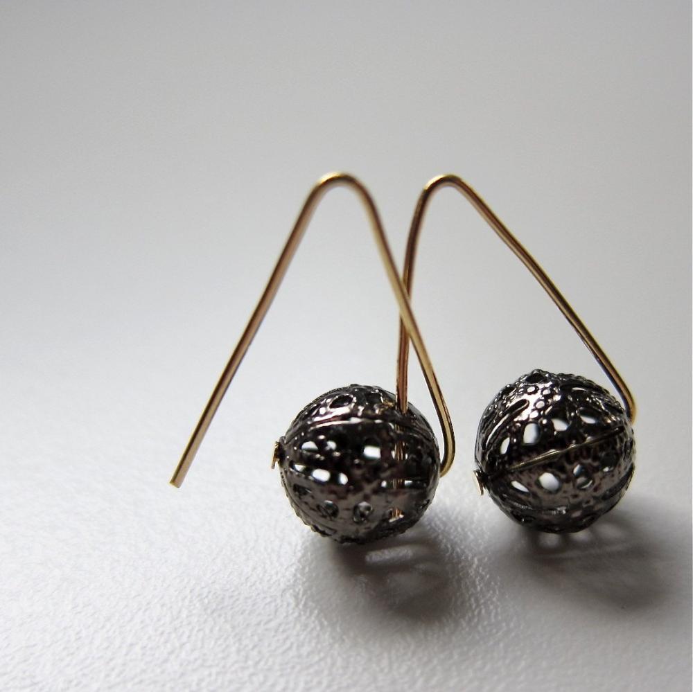 Pendulum earrings - filigree ball on golden ear hooks (Modern)