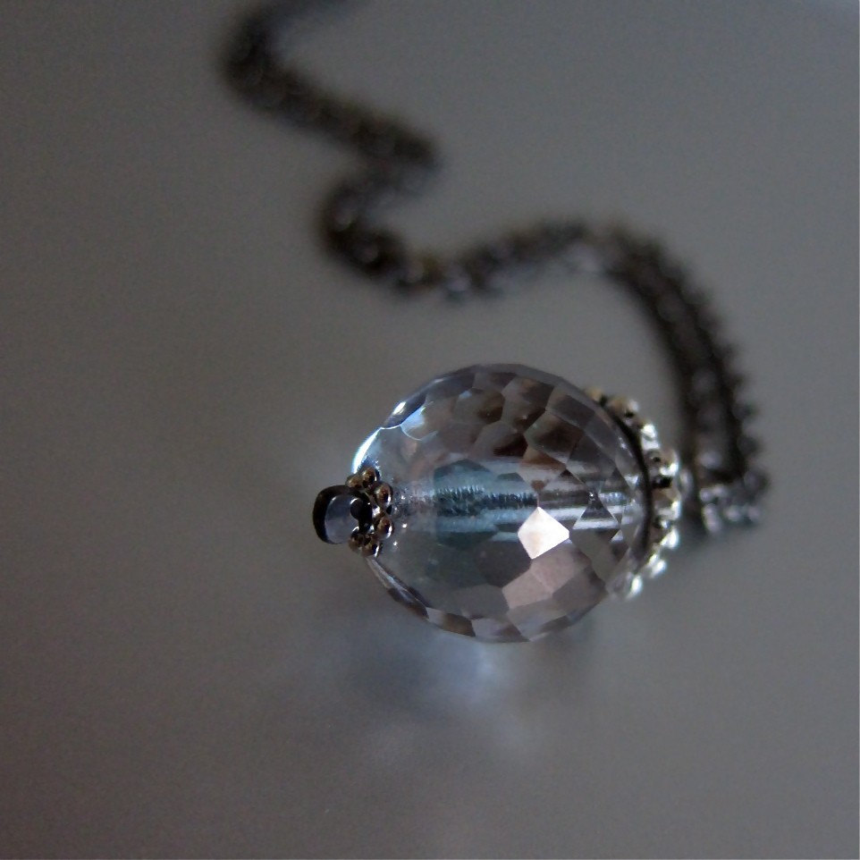 Shimmering Morning Dew necklace - mystic blue faceted glass / gunmetal