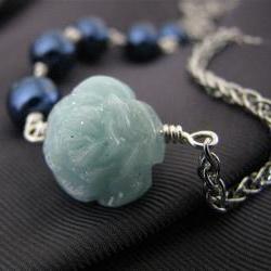 Baby blue carved flower necklace - vintage lucite / stainless steel chain