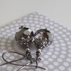 Smoke Signal earrings - faceted smoky black diamond faceted glass - romantic style