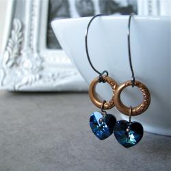 Sweet Life earrings - bermuda blue swarovski crystal / art deco vintage rings on sterling silver handmade ear wires - Nostalgic style